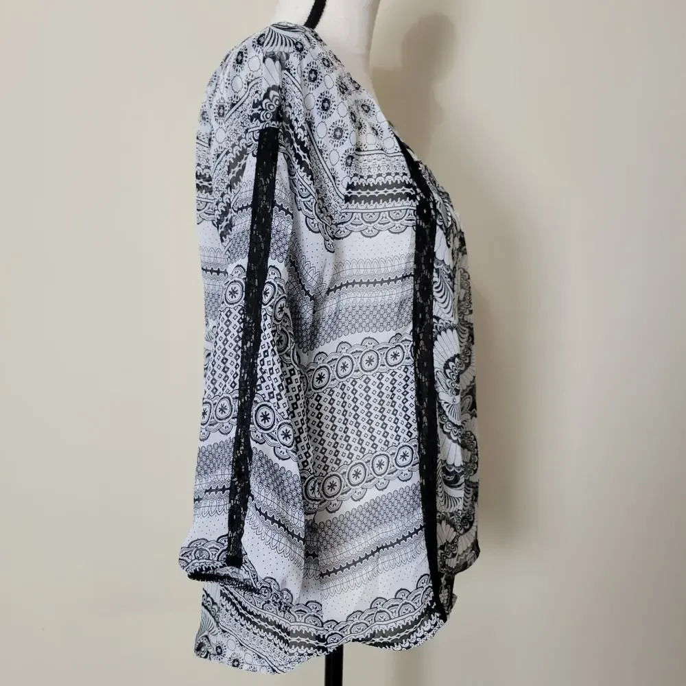 Valerie Stevens M Button Front 3/4 Raglan Sleeve Scoop Neck Lace Blouse Top - Picture 5 of 16